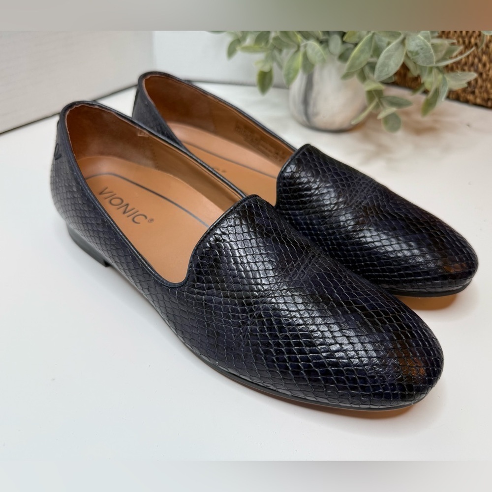 Vionic North Willa Boa Loafer Navy & Black Snake Print Classic Comfort Shoe 6.5M